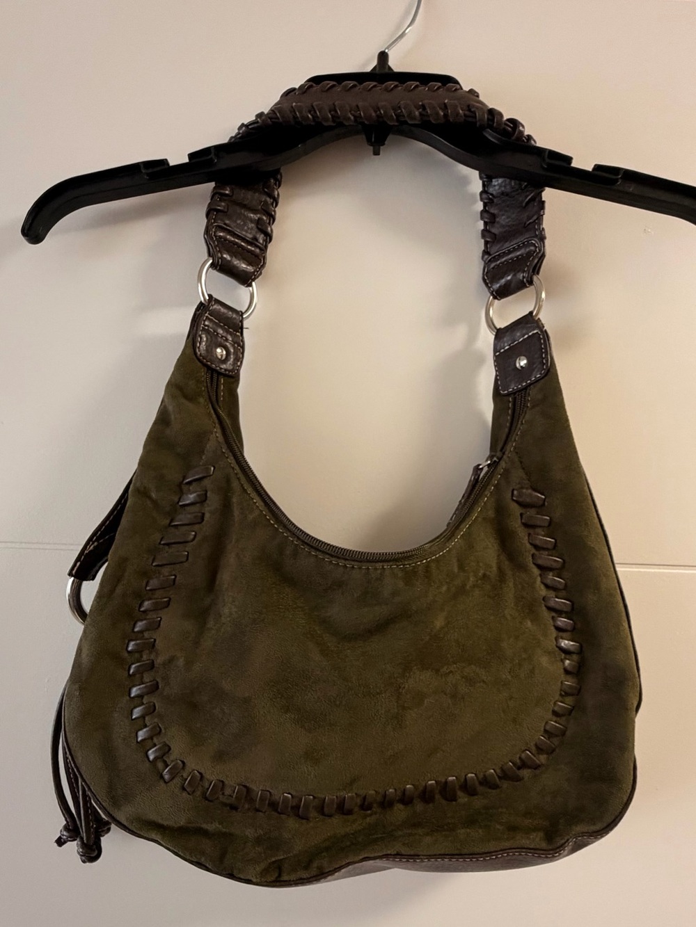 Olive Green Suede Hobo Bag with Braided Trim